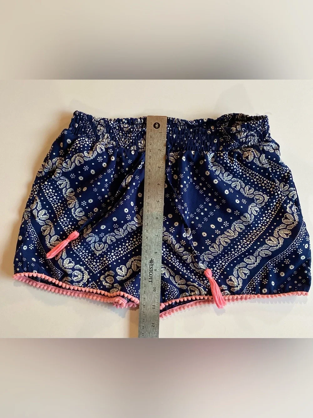 Girls' Navy Print Shorts with Pink Pom Trim